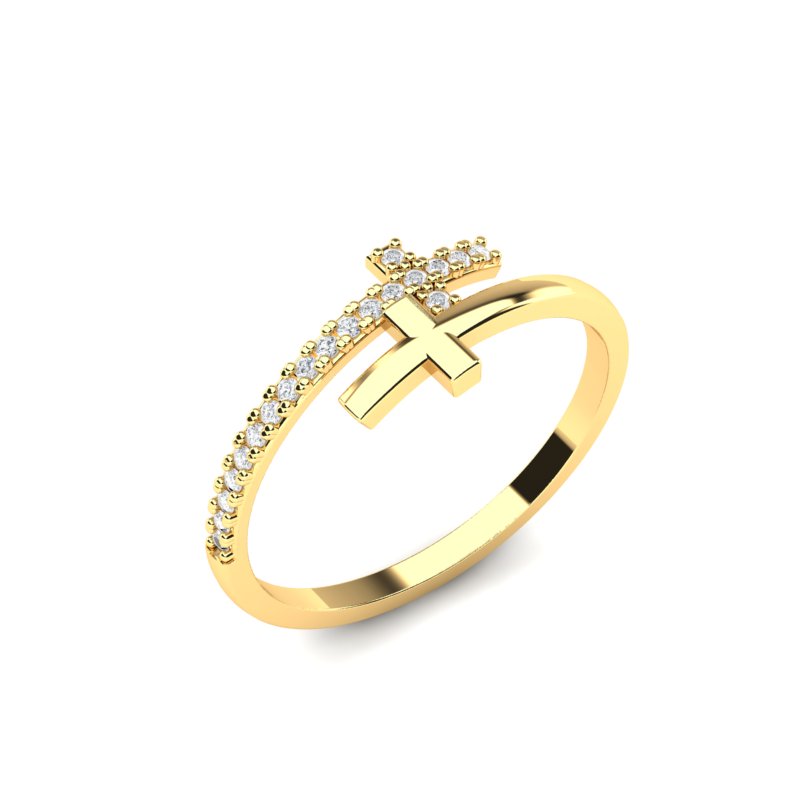 Zlatni prsten krst sa cirkonima izrađen od žutog zlata, prikazan na beloj pozadini.