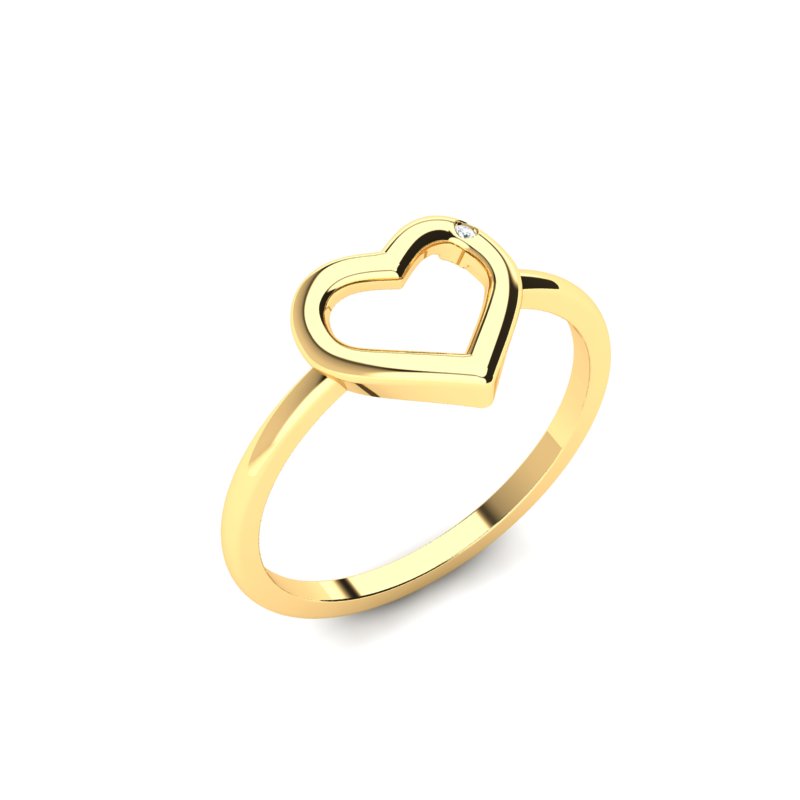 Zlatni prsten sa konturom srca i malim cirkonom na vrhu, izrađen od žutog zlata, prikazan na beloj pozadini.