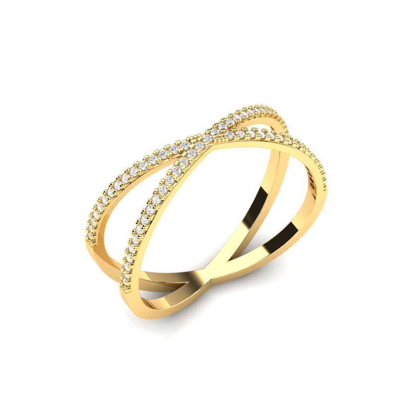 Zlatni prsten sa elegantnim ukrštenim linijama i nizovima sitnih cirkona izrađen od žutog zlata, prikazan na beloj pozadini