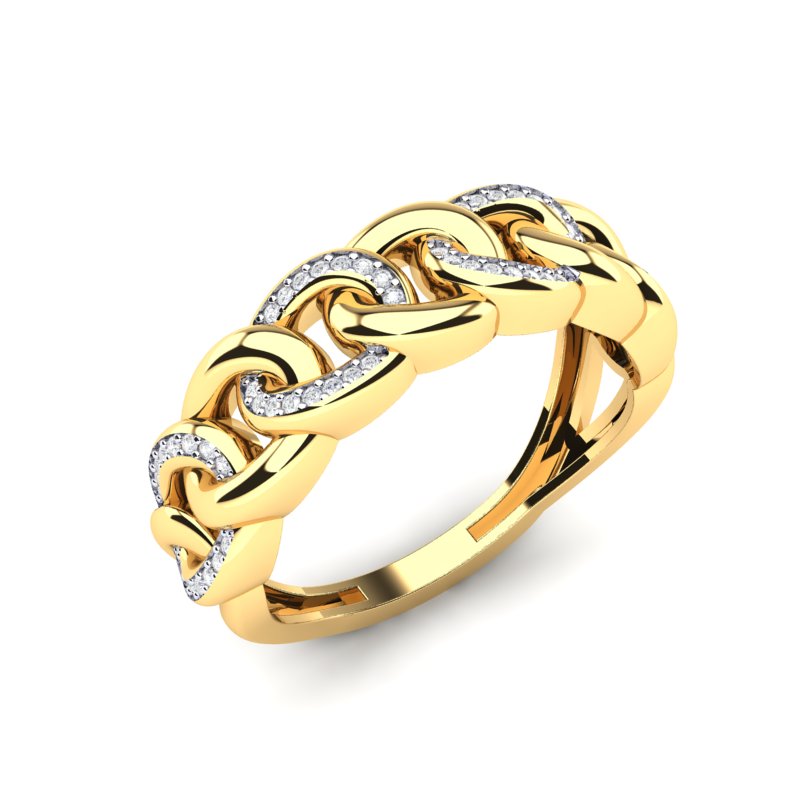 Zlatni prsten u obliku lančića sa sjajnim cirkonima postavljenim unutar karika, izrađen od žutog zlata, prikazan iz kosog ugla na beloj pozadini.