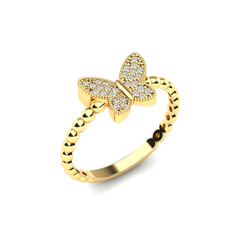 Zlatni prsten sa reljefnim leptirićem ukrašenim cirkonima i kugličastim obručem.