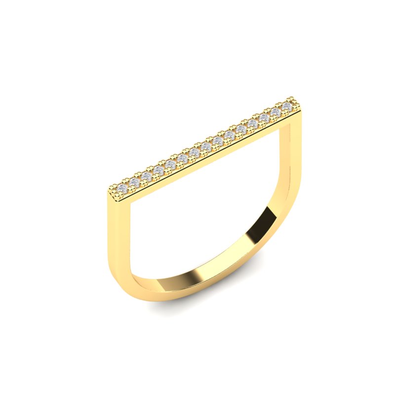 Zlatni prsten pravougaonog oblika sa ravnom gornjom ivicom ukrašenom nizom cirkona, moderan dizajn na beloj pozadini.