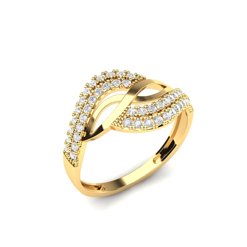 Zlatni prsten sa dvostrukim redovima cirkona i isprepletenim dizajnom, izrađen od žutog zlata, prikazan na beloj pozadini.