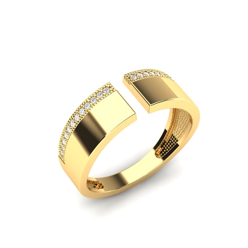 Zlatni prsten otvorenog dizajna izrađen od žutog zlata sa linijom sjajnih cirkona na vrhu, prikazan na beloj pozadini iz blagog gornjeg ugla.