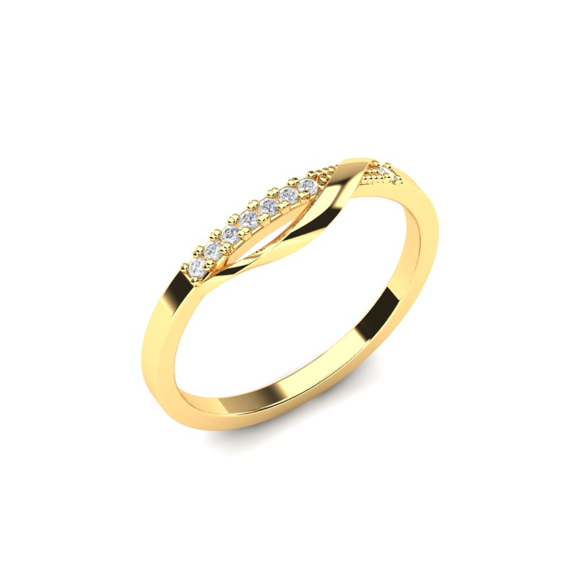 Elegantni zlatni prsten sa isprepletenim detaljem i redom cirkona na vrhu., od žutog zlata, na beloj pozadini