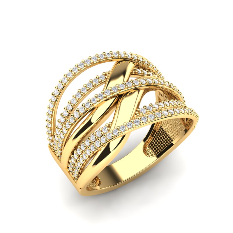 Zlatni prsten izrađen od žutog zlata sa isprepletenim trakama u više slojeva, bogato ukrašenim cirkonima, prikazan iz kosog ugla na beloj pozadini.
