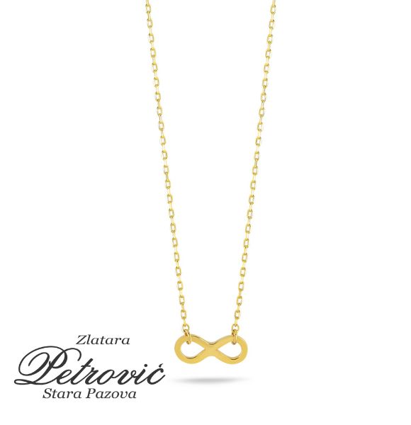 Zlatni lančić sa priveskom u obliku simbola beskonačnosti, minimalistički dizajn na beloj pozadini.