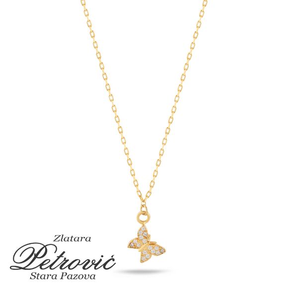 Zlatni lančić sa leptirićem ukrašenim cirkonima od žutog zlata na beloj pozadini