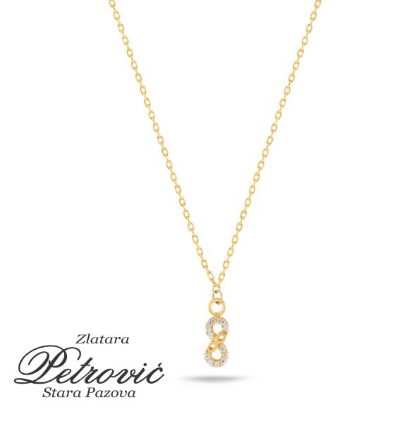 Zlatni lančić sa priveskom beskonačnost sa cirkonima od žutog zlata na beloj pozadini