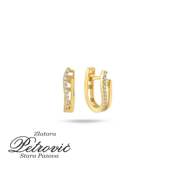 Zlatne minđuše sa nežno zakrivljenim nizom cirkona na prednjem delu, prikazane na beloj pozadini