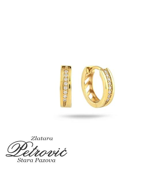 Zlatne alke sa cirkonima prikazane iz dva ugla na beloj pozadini