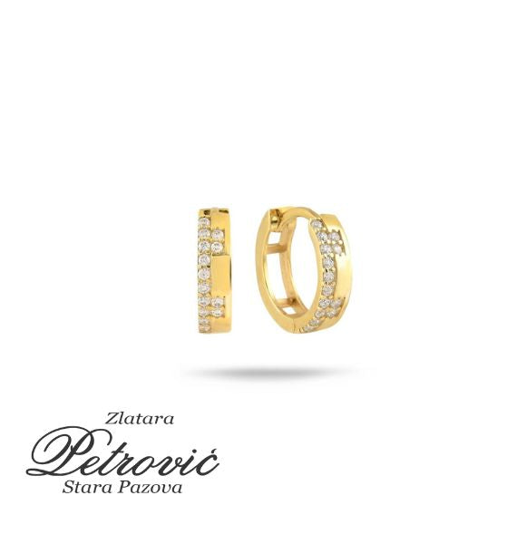 Zlatne minđuše alke sa duplim redom sjajnih cirkona, prikazane na beloj pozadini