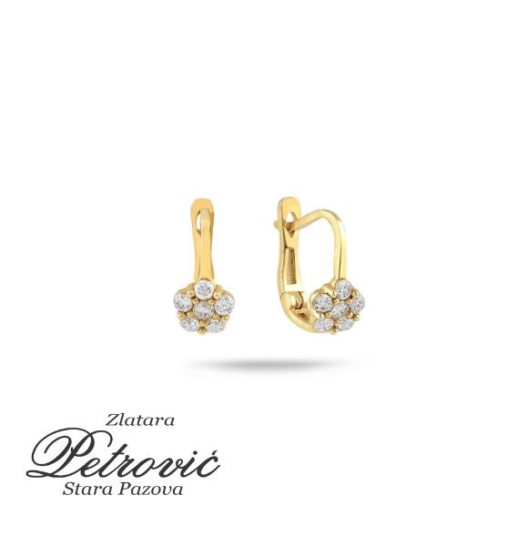 Par zlatnih minđuša izrađenih od žutog zlata sa cvetnim motivom od šest belih cirkona, prikazanih iz prednjeg i bočnog ugla na beloj pozadini.