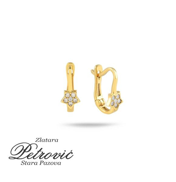 Zlatne minđuše sa kopčom i dekoracijom u obliku cveta ukrašenog cirkonima, prikazane na beloj pozadini.