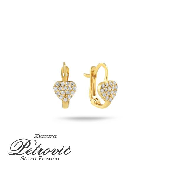 Zlatne minđuše srce sa cirkonima, prikazane na beloj pozadini sa sigurnosnim kopčanjem.