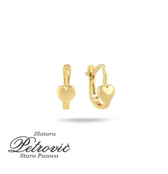 Zlatne minđuše od žutog zlata sa jednostavnim motivom srca, prikazane iz prednjeg i bočnog ugla na beloj pozadini.