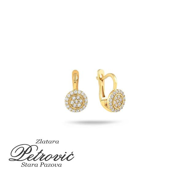 Zlatne minđuše od žutog zlata sa kružnim dizajnom i svetlucavim cirkonima, prikazane iz dva ugla na beloj pozadini.