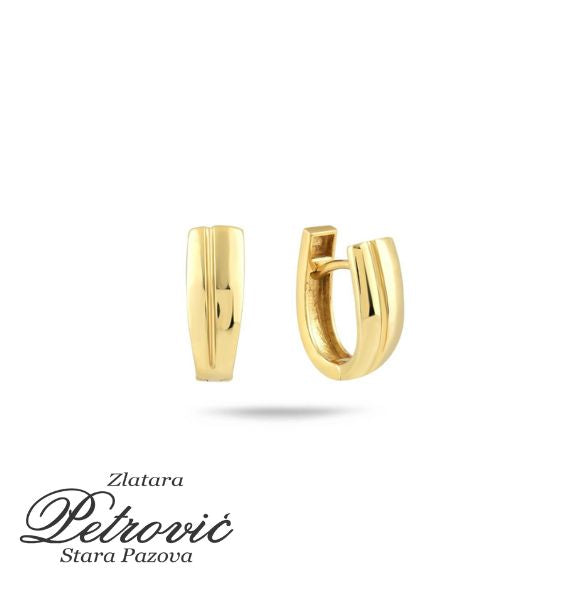 Zlatne polukružne minđuše sa urezom po sredini, prikazane iz dva ugla na beloj pozadini
