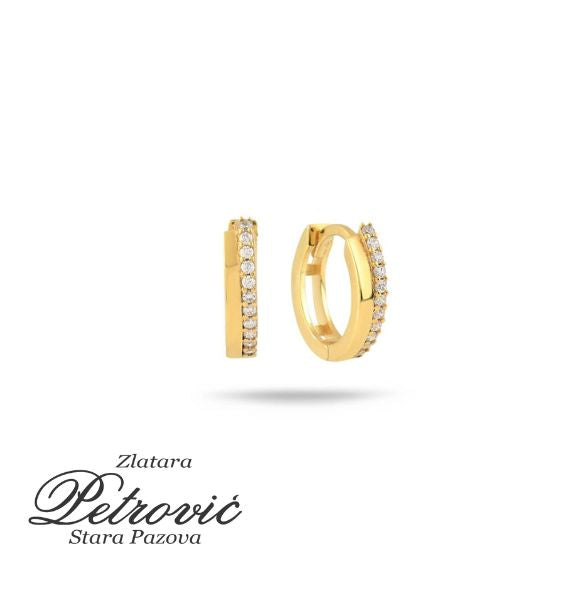Zlatne alke sa cirkonima na beloj pozadini, elegantan i minimalistički dizajn.