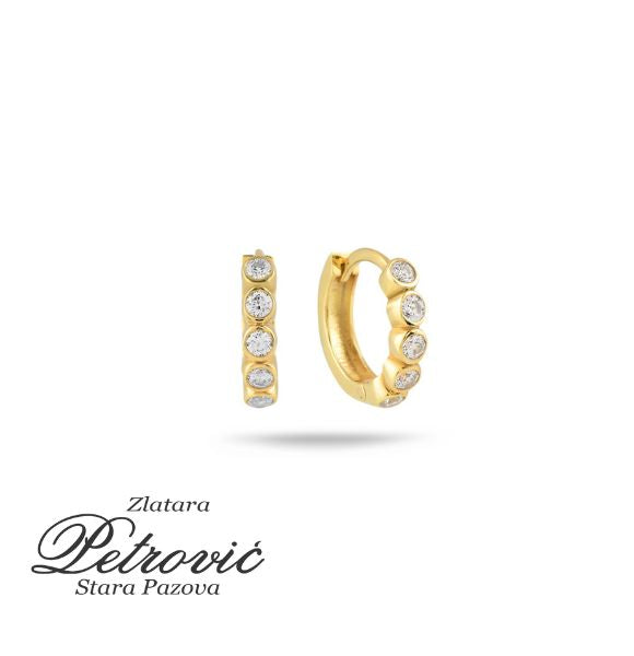 Zlatne minđuše alke sa nizom krupnijih okruglih cirkona u zatvorenom ležištu, prikazane na beloj pozadini