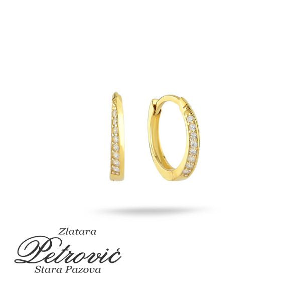 Zlatne minđuše alke sa nizom cirkona s prednje strane, prikazane na beloj podlozi.