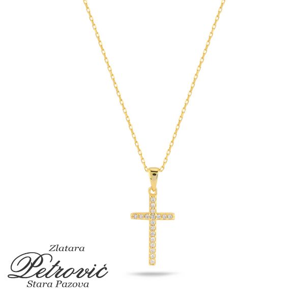 Zlatni lančić sa krstićem ukrašenim cirkonima, prikazan na beloj pozadini – spoj tradicionalne forme i modernog sjaja.