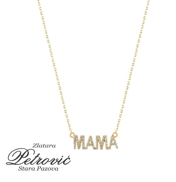 Zlatni lančić sa priveskom u obliku natpisa "MAMA", ukrašen sitnim cirkonima i prikazan na beloj pozadini – idealan poklon sa značenjem.