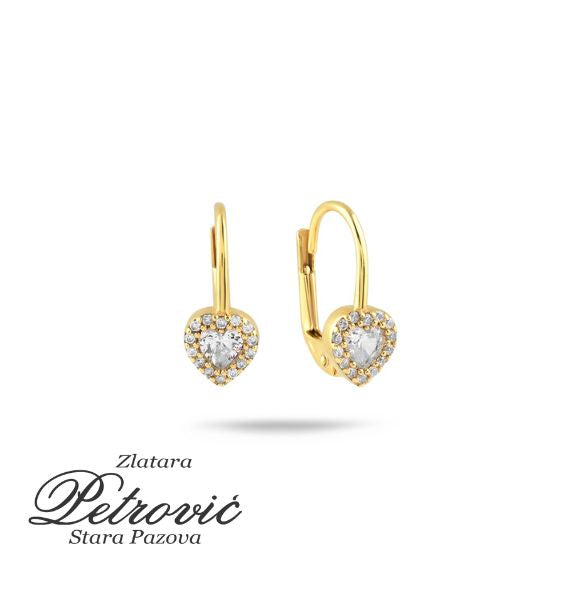 Zlatne minđuše sa visećim priveskom u obliku srca, centralnim cirkonom i dodatnim redom sitnih kamenčića, prikazane na beloj pozadini.