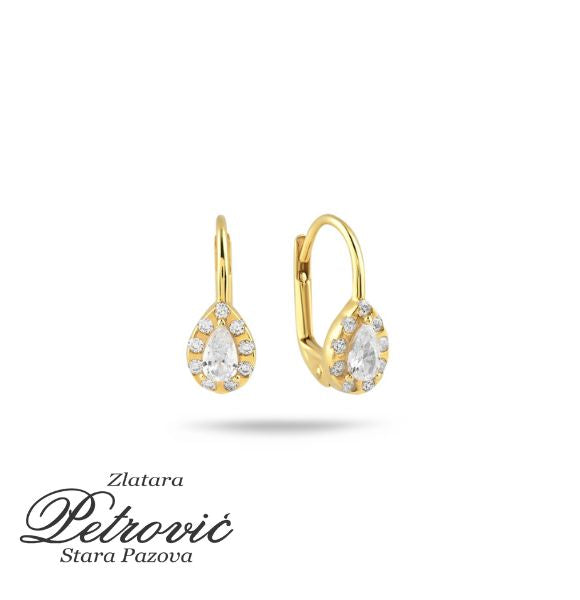 Zlatne minđuše sa cirkonom u obliku suze, okružene nizom manjih cirkona, na beloj pozadini.