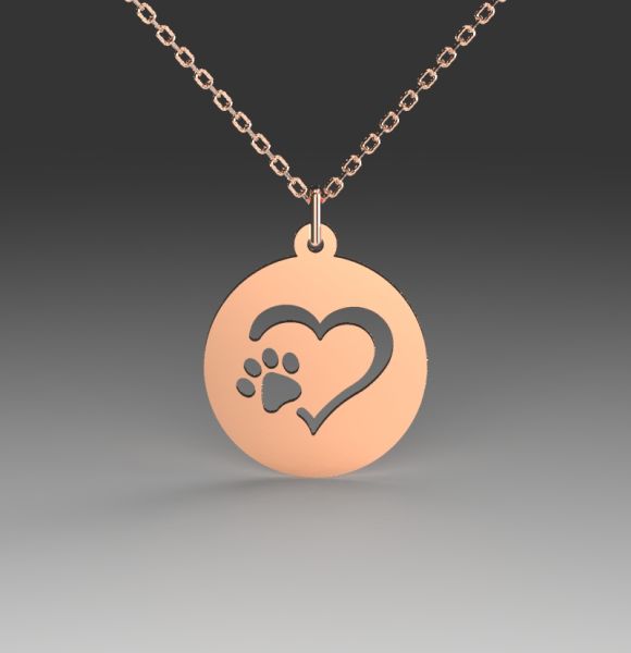 Zlatni lančić sa priveskom šapa u srcu prečnika 16 mm izrađen od roze zlata