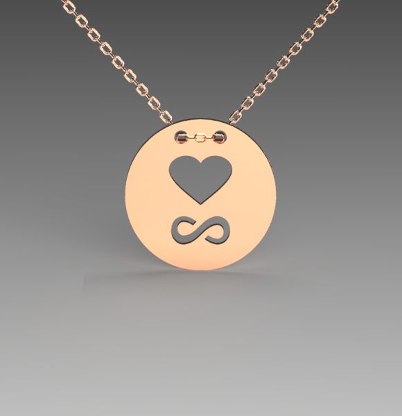 Zlatni lančić sa priveskom od roze zlata u obliku kruga u kome su ugravirani srce i znak beskonačnosti ispod srca.
