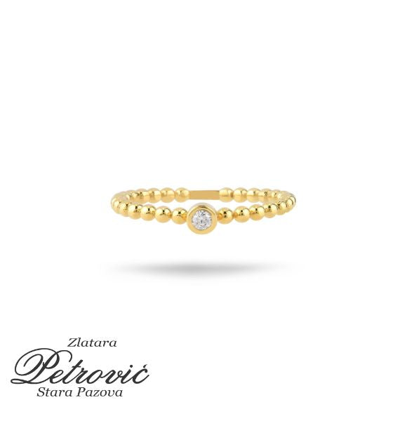 Zlatni prsten sa kugličastim obodom i centralno postavljenim cirkonom