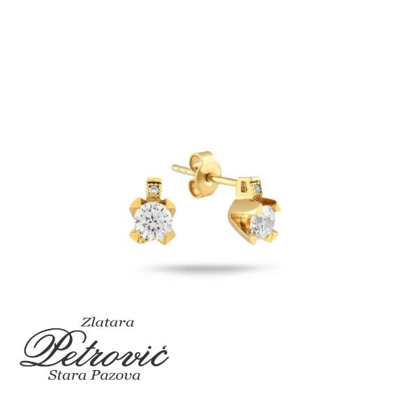 Zlatne minđuše na šraf sa jednim centralnim cirkonom, prikazane na beloj pozadini