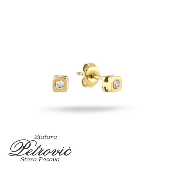Zlatne minđuše kvadratnog oblika sa jednim cirkonom, izrađene od žutog zlata, na beloj pozadini prikazane iz dva ugla.