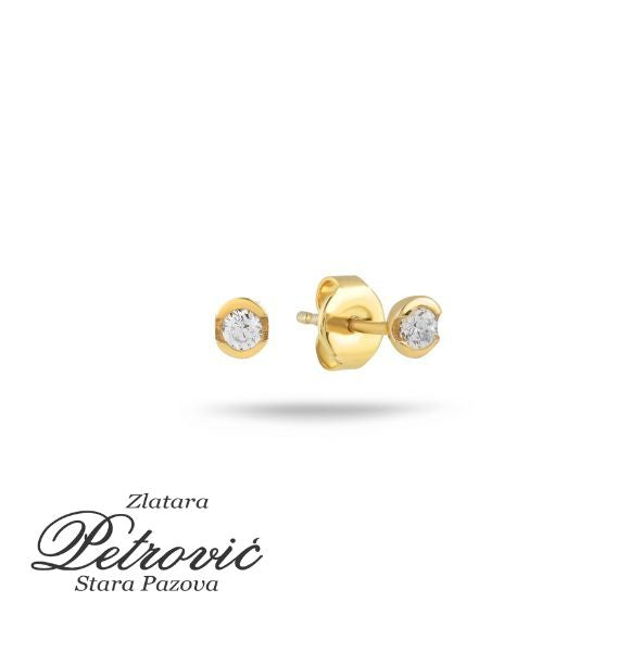 Zlatne minđuše sa belim cirkonom u zupčastom okovu, prikazane iz dva ugla na beloj pozadini.