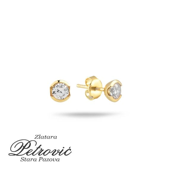 Zlatne minđuše sa jednim belim cirkonom u poluzatvorenom okovu, postavljene na beloj pozadini.