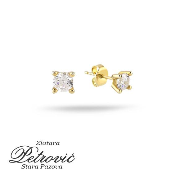 Zlatne minđuše sa jednim sjajnim cirkonom, minimalistički dizajn na beloj pozadini.
