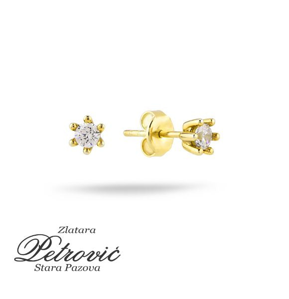 Zlatne minđuše sa cirkonom u klasičnom držaču, izrađene od žutog zlata, prikazane iz dva ugla na beloj pozadini.