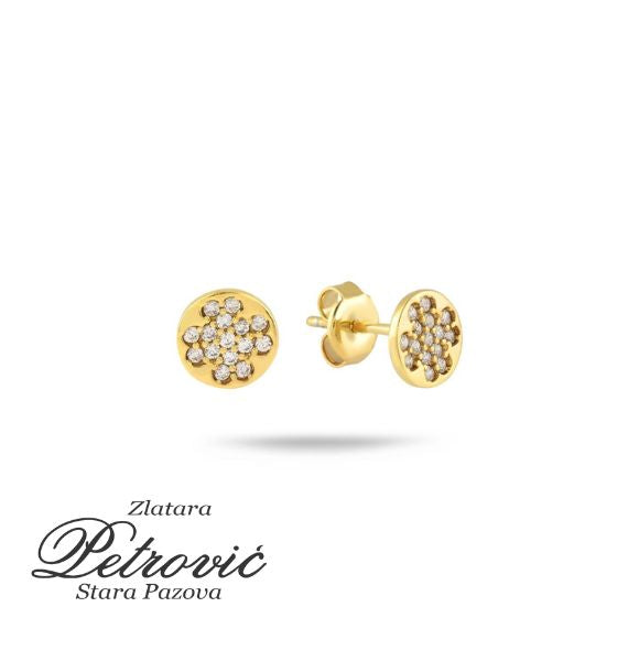 Zlatne minđuše okruglog oblika sa sjajnim cirkonima, postavljene na belu pozadinu