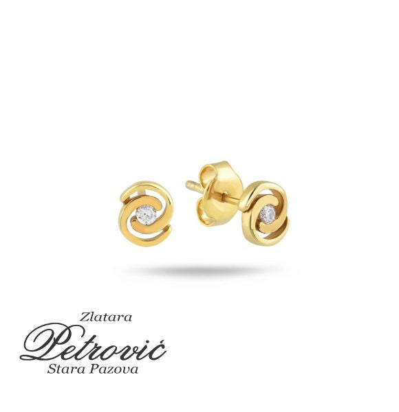Zlatne minđuše spiralnog oblika sa cirkonom u sredini, izrađene od žutog zlata, prikazane iz dva ugla na beloj pozadini.