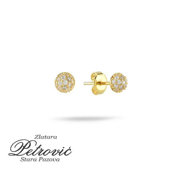 Zlatne minđuše izrađene od žutog zlata sa cirkonima, prikazane iz dva ugla na beloj pozadini.