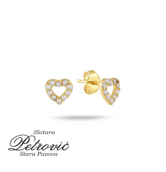 Zlatne minđuše u obliku otvorenog srca sa cirkonima, izrađene od žutog zlata, prikazane iz dva ugla na beloj pozadini.