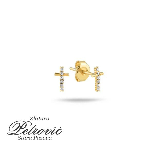Zlatne minđuše sa cirkonima u obliku krstića, prikazane iz više uglova na beloj pozadini.