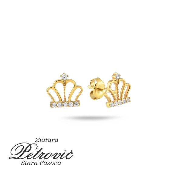 Zlatne minđuše u obliku krune sa nizom cirkona, postavljene na beloj podlozi sa blagom senkom.