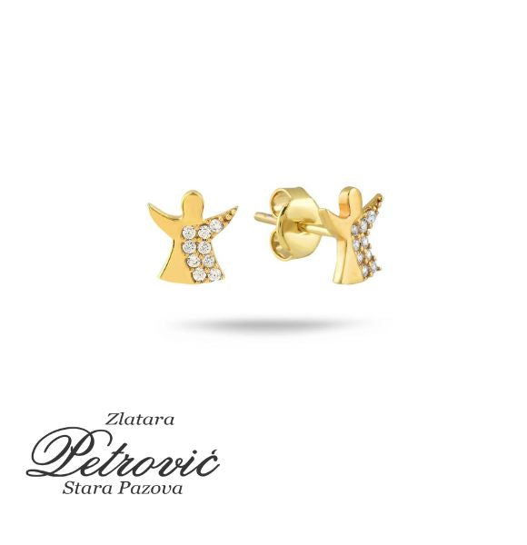 Zlatne minđuše u obliku anđela sa cirkonima, izrađene od žutog zlata, prikazane iz dva ugla na beloj pozadini.