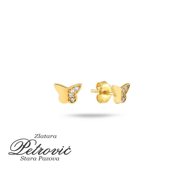 Zlatne minđuše u obliku leptira sa cirkonima, izrađene od žutog zlata, prikazane iz dva ugla na beloj pozadini.