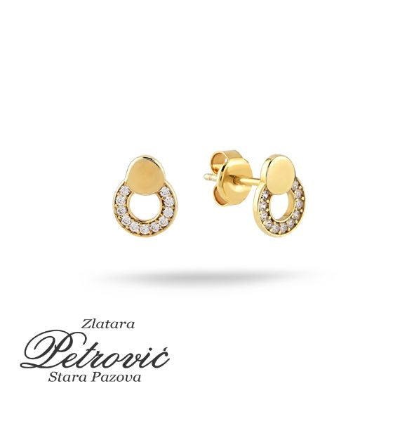 Zlatne minđuše u obliku kruga sa cirkonima, izrađene od žutog zlata, prikazane iz dva ugla na beloj pozadini.