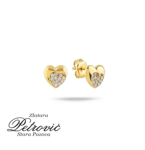 Zlatne minđuše u obliku punog srca sa cirkonima, izrađene od žutog zlata, prikazane iz dva ugla na beloj pozadini.