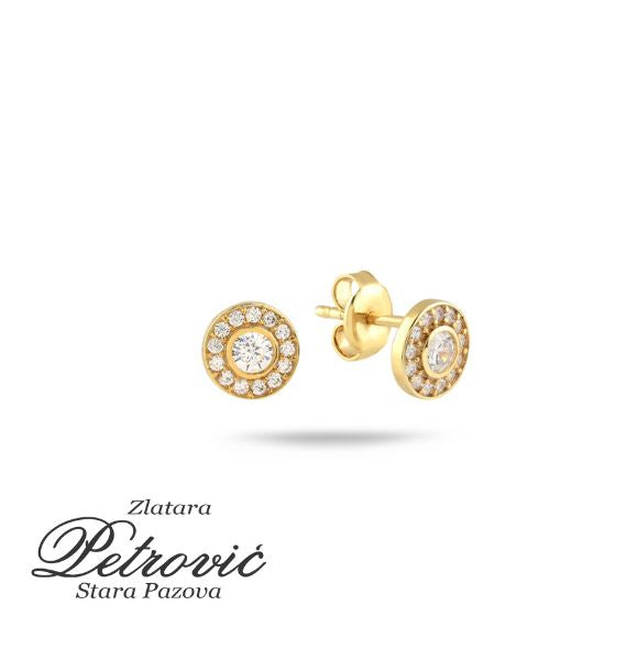 Zlatne minđuše na šraf sa okruglim dizajnom i centralnim cirkonom okruženim manjim kamenčićima, na beloj pozadini