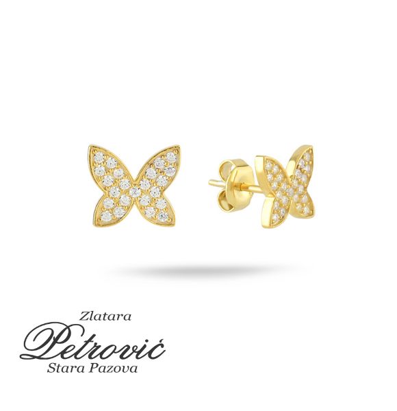 Zlatne minđuše u obliku leptira sa cirkonima na beloj podlozi.